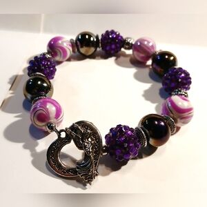 Purple and Pink Beaded Bracelet with Heart Toggle Clasp